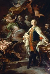 El castrato italiano Carlo Farinelli (Carlo Broschi, conocido como; 1705 - 1782), en la corte de Felipe II de España, vistiendo el manto blanco de la Orden de Calatrava. Pintura de Corrado Giaquinto (1703-1766), Civico Museo Bibliografico Musicale, Bolonia