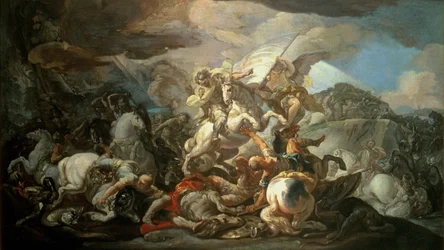La legendaria batalla de Clavijo, en la que el rey asturiano Ramiro I (791-850) derrotó a los musulmanes con la ayuda del apóstol Santiago en el año 845, boceto según el cuadro de la cúpula del Palacio Real de Madrid (óleo sobre lienzo)