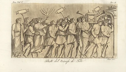 Soldados romanos marchan en procesión con botines de guerra o spolia en el Arco de Tito, el arco de triunfo que celebra la victoria del emperador Tito sobre Jerusalén