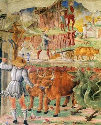 Cuadro agrícola, detalle del Triunfo de Ceres, escena del Mes de Agosto, ca. 1470, atribuido a Cosimo Tura, y Maestro de Ercole, fresco, pared norte, Salón de los Meses, Palacio Schifanoia (Palacio de la Alegría), Ferrara, Emilia-Romaña. Italia
