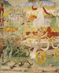 Carro de Ceres tirado por dragones, detalle del Triunfo de Ceres, escena del Mes de Agosto, atribuido a Cosimo Tura (circa 1430-1495) y al Maestro de Ercole, fresco, pared norte, Salón de los Meses, Palacio Schifanoia (Palacio de la Alegría), Ferrara, Ital