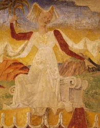 Ceres con espigas en las manos, detalle del Triunfo de Ceres, escena del Mes de Agosto, ca. 1470, atribuido a Cosimo Tura, y al Maestro de Ercole, fresco, pared norte, Salón de los Meses, Palacio Schifanoia, Ferrara, Emilia-Romaña, Italia