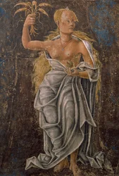 Decano, detalle Virgen del Signo, escena del Mes de Agosto, atribuida a Cosimo Tura