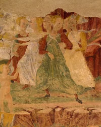 Desesperación de las doncellas de Proserpina, detalle del Triunfo de Ceres, escena del Mes de Agosto, atribuido a Cosimo Tura y al Maestro de Ercole, fresco, pared norte, Salón de los Meses, Palacio Schifanoia (Palacio de la Alegría), Ferrara, Italia, haci