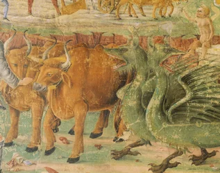 Dragones e imágenes de la vida rural, detalle del Triunfo de Ceres, escena del Mes de Agosto, atribuido a Cosimo Tura (circa 1430-1495) y al Maestro de Ercole, fresco, pared norte, Salón de los Meses, Palacio Schifanoia (Palacio de la Alegría), Ferrara, It