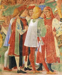 Grupo de mercaderes, detalle del Triunfo de Ceres, escena del Mes de Agosto, atribuido a Cosimo Tura (circa 1430-1495) y al Maestro de Ercole, fresco, pared norte, Salón de los Meses, Palacio Schifanoia (Palacio de la Alegría), Ferrara, Italia, circa 1470