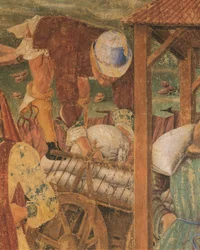 Comerciante trabajando, detalle de Triunfo de Ceres, escena del Mes de Agosto, atribuida a Cosimo Tura