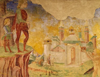 Triunfo de Ceres, escena del Mes de Agosto, atribuida a Cosimo Tura (circa 1430-1495) y al Maestro de Ercole, fresco, pared norte, Salón de los Meses, Palacio Schifanoia (Palacio de la Alegría), Ferrara, Detalle, Italia, circa 1470