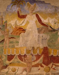Triunfo de Ceres, escena del Mes de Agosto, atribuida a Cosimo Tura (circa 1430-1495) y al Maestro de Ercole, fresco, pared norte, Salón de los Meses, Palacio Schifanoia (Palacio de la Alegría), Ferrara, Detalle, Italia, circa 1470