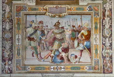 Escena de batalla, de las Actas de Godofredo de Bouillon en la toma de Jerusalén, c.1589-94 (fresco)