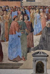 Grupo de humanistas neoplatónicos" (desde la izquierda, Marsilio Ficino, Giovanni Pico della Mirandola y Agnolo Poliziano): detalle del "Milagro del Sacramento", fresco (fresco)