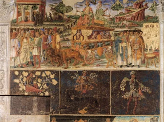 Triunfo de Júpiter y Cibeles y signo de Leo, escenas del mes de julio, fresco, pared norte, Salón de los Meses, Palazzo Schifanoia (Palacio de la Alegría), Ferrara, Italia, hacia 1470