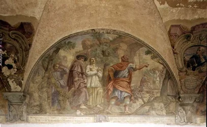 San Domingo convirtiendo a un hereje, luneta del ciclo de frescos de la Vida de San Domingo, en el claustro de San Domingo, c.1698