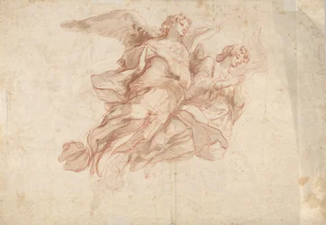 Dos ángeles volando, verso: Dios Padre sentado en las nubes y un boceto de una figura volando