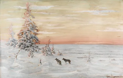 Paisaje de invierno con lobos