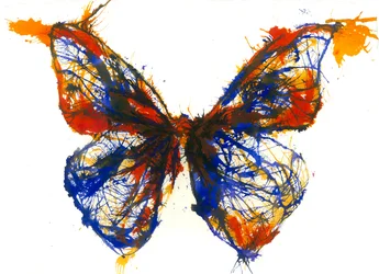 Mariposa azul y naranja, 2021 (tinta acrílica sobre papel de trapo de algodón)