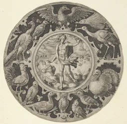 Aer en un borde decorativo con pájaros, de una serie de diseños circulares con el F...