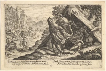 La embriaguez de Noé: Sem y Jafet cubren el cuerpo desnudo de Noé, que yace en una tienda, 1612