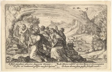 Dios entra en un pacto con Noé: junto a una pira humeante Noé se arrodilla en un gesto de p..., 1612