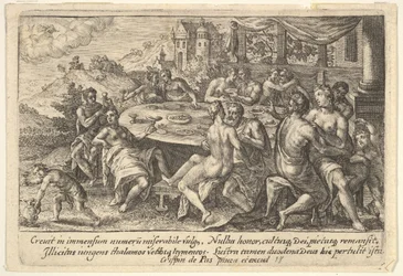 La humanidad rindiéndose a la lujuria antes del Diluvio: parejas abrazadas en bancos alrededor de una mesa, 1612