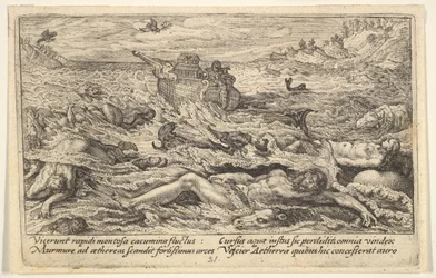 El diluvio destruye la vida en la tierra: cadáveres de humanos y animales a la deriva en primer plano, 1612