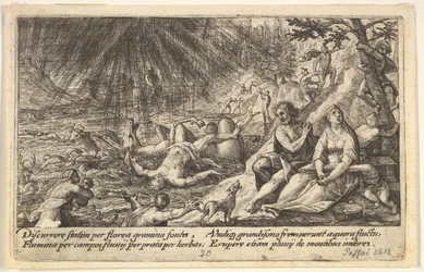 El comienzo del diluvio: hombres y mujeres suben a terrenos más altos a la derecha, el agua los alcanza, 1612