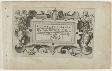 Página de título y once impresiones de flores, plantas y frutas Cartucho con marco de volutas para la serie: Cognoscite lilia Cognoscite lilia (título de la serie sobre el objeto)