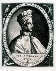 Retrato de Américo Vespucio, inscripción "Americus Vesputius Florentinus Terrae Bresilianae Inventoret Subactor"