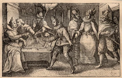 Una partida de backgammon con jugadores ambulantes - Grabado en cobre holandés; de un conjunto de impresiones, Hortus Voluptatem, de Crispin de Passe (1550-1643) - Una pareja jugando al backgammon sorprendida por cinco hombres enmascarados grabado por Cris