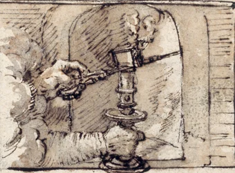 Un par de manos saliendo de una nube, apagando una vela en un candelabro (tinta y lavado marrón sobre papel)