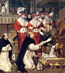 Honorio III (Cencio Savelli, papa de 1216 a 1227) confirmando la Orden de Santo Domingo. Pintura de Cristóbal Llorens (hacia 1550-1616)