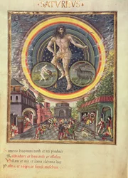 C129 Saturno con los signos zodiacales de Acuario y Capricornio, de "De Sphaera", c.1470 (vitela)