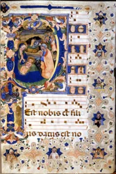 Coro del siglo XV con una letra "P" miniaturizada representando la natividad por Cristoforo Cortese. Principios del siglo XV