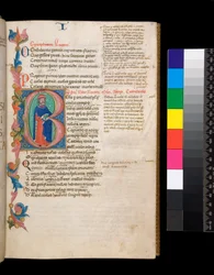 Ms 325. Lucano, Bellum Civile, y otras obras, f.10r. Inicial iluminada [B], habitada por un retrato de autor de cuerpo entero, extendiéndose en un borde parcial de follaje, c.1400-10 (pergamino)