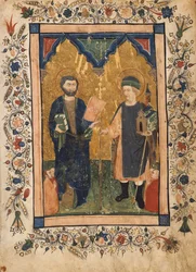 San Marcos el Evangelista y San Sinibaldo venerados por miembros de una cofradía, ca. 1425-34