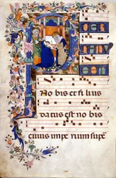 La circuncisión de Cristo en una letra P. Partitura (Coral) del siglo XV por Cristoforo Cortese (primera mitad del siglo XV). Biblioteca Brera, Milán