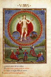 Comedia con los signos del zodiaco de libra y tauro. Las escenas galantes (miniatura, c.1470)
