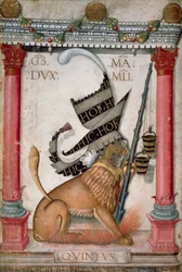 Símbolo heráldico con un león, chispas y cubos de Galeazzo Maria Sforza, página iluminada por Cristoforo de Predis del Códice del Nuevo Testamento, varia 124, Italia 1475