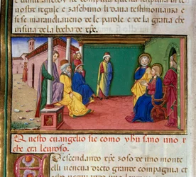 Jesús va a la sinagoga de Nazaret un sábado y lee el libro del profeta Isaías. Miniatura de Cristoforo De Predis (1440-1486) después de la Historia del Nuevo Testamento