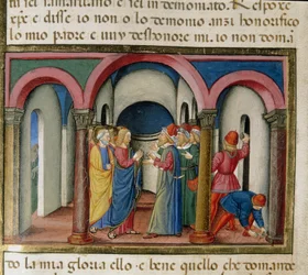 Jesús fue interceptado cerca del templo de Salomón por judíos que le pidieron que demostrara su identidad (Miniatura de Cristoforo De Predis, 1440-1486, después de la Historia del Nuevo Testamento)