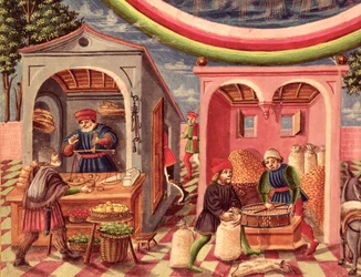 Ms Lat 209 fol.6v Júpiter (detalle de comerciantes de frutas y granos, de De Sphaera)