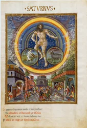 Saturno con los signos del zodiaco de Acuario y Capricornio. Las escenas de juego y su influencia sobre los hombres. (miniatura, hacia 1470)