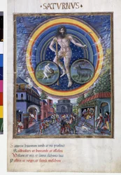 Saturno con signos del zodiaco de acuario y capricornio. Abajo, las escenas de juego y su influencia en los hombres. Miniatura realizada por Cristoforo de Predis (v. 1440-v. 1486) - en 