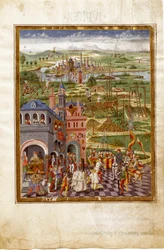 Escena de tortura y condenas en una ciudad medieval. Influencias de Saturno (miniatura, hacia 1470)