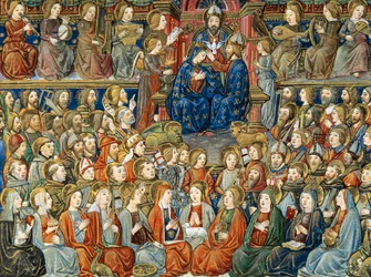 El Día del Juicio Final. En el centro, la coronación de la Virgen con la Santísima Trinidad