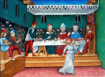 Durante el banquete de Herodes, Salomé entrega la cabeza de Juan (c. 144r). 1476