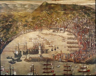 Vista de la ciudad y el puerto de Génova, con barcos entrando