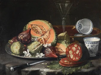 "Naturaleza muerta" Melón, salchicha, higos y porcelana china Pintura de Cristoforo Monari (Munari) (1667-1720), - Óleo sobre lienzo, 44x56 - Fundación Custodia