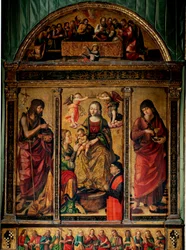Tríptico del matrimonio místico de Santa Catalina, rodeado por los Santos Juan Bautista y Juan Evangelista