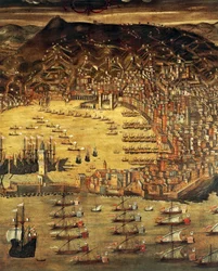 Vista de Génova y su puerto, Pintura de Cristoforo Grassi (1565-1598), Italia
